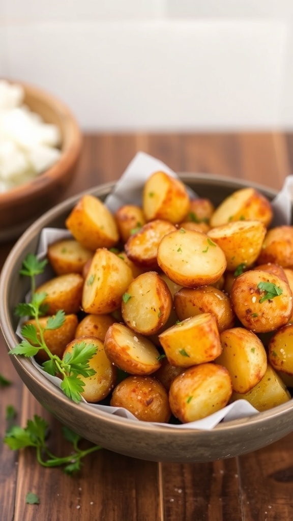Crispy Air Fryer Potatoes (Dairy-Free) Crispy air fryer potatoes in a bowl, garnished with herbs, on a wooden table.